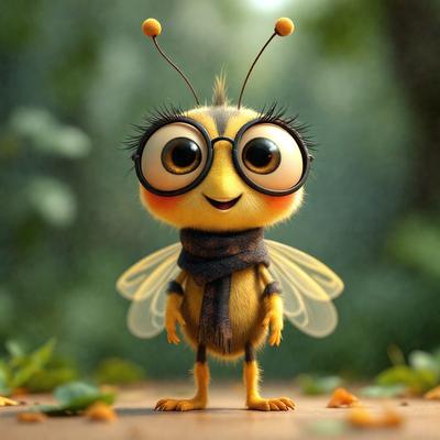 The primary subject of the image is a small, cute, and smiling bee wearing glasses. The bee is standing on a leaf-covered ground, which serves as the setting for the scene. The visual style of the image is a digital art or illustration, giving it a whimsical and playful appearance. The colors and mood of the image are predominantly warm and cheerful, with the bee's bright yellow color and the leafy ground creating a lively and inviting atmosphere.